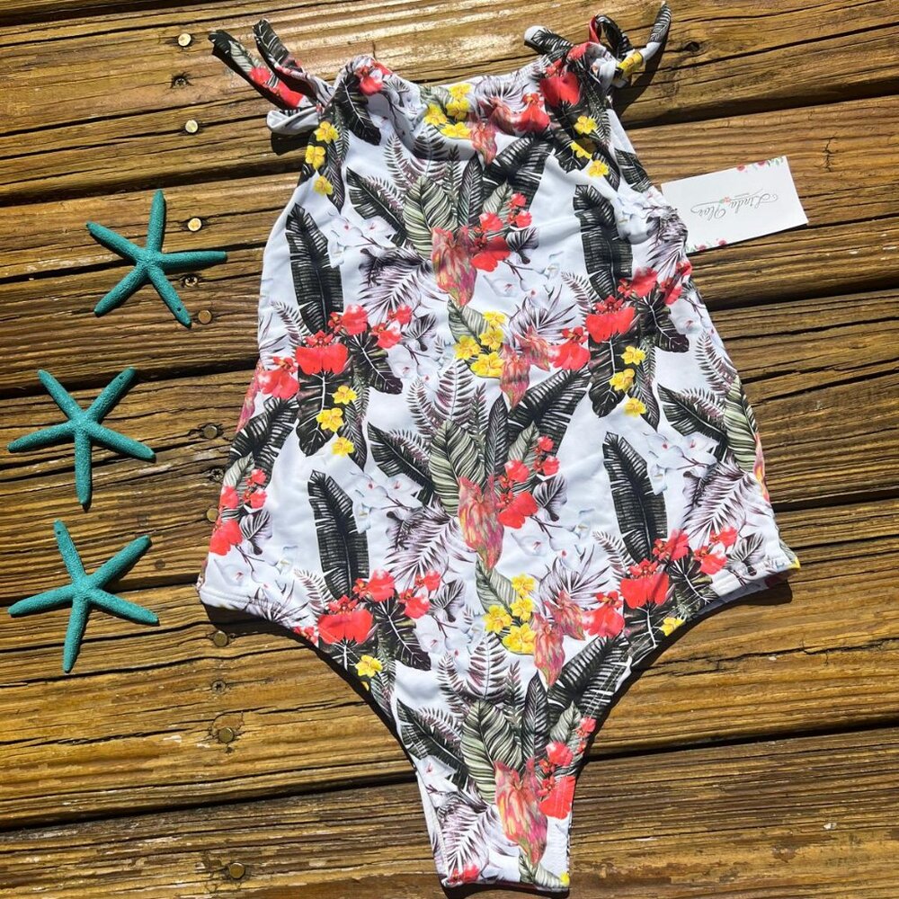 One Piece - Pink Flowers-Tropical Leaves on White - Medium